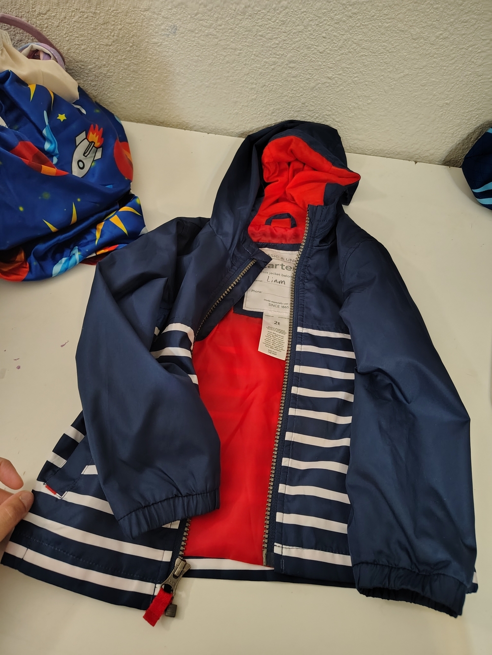 Carter's Toddler Boys Navy Blue Striped Hood Rain Jacket 2T Raincoat Waterproof